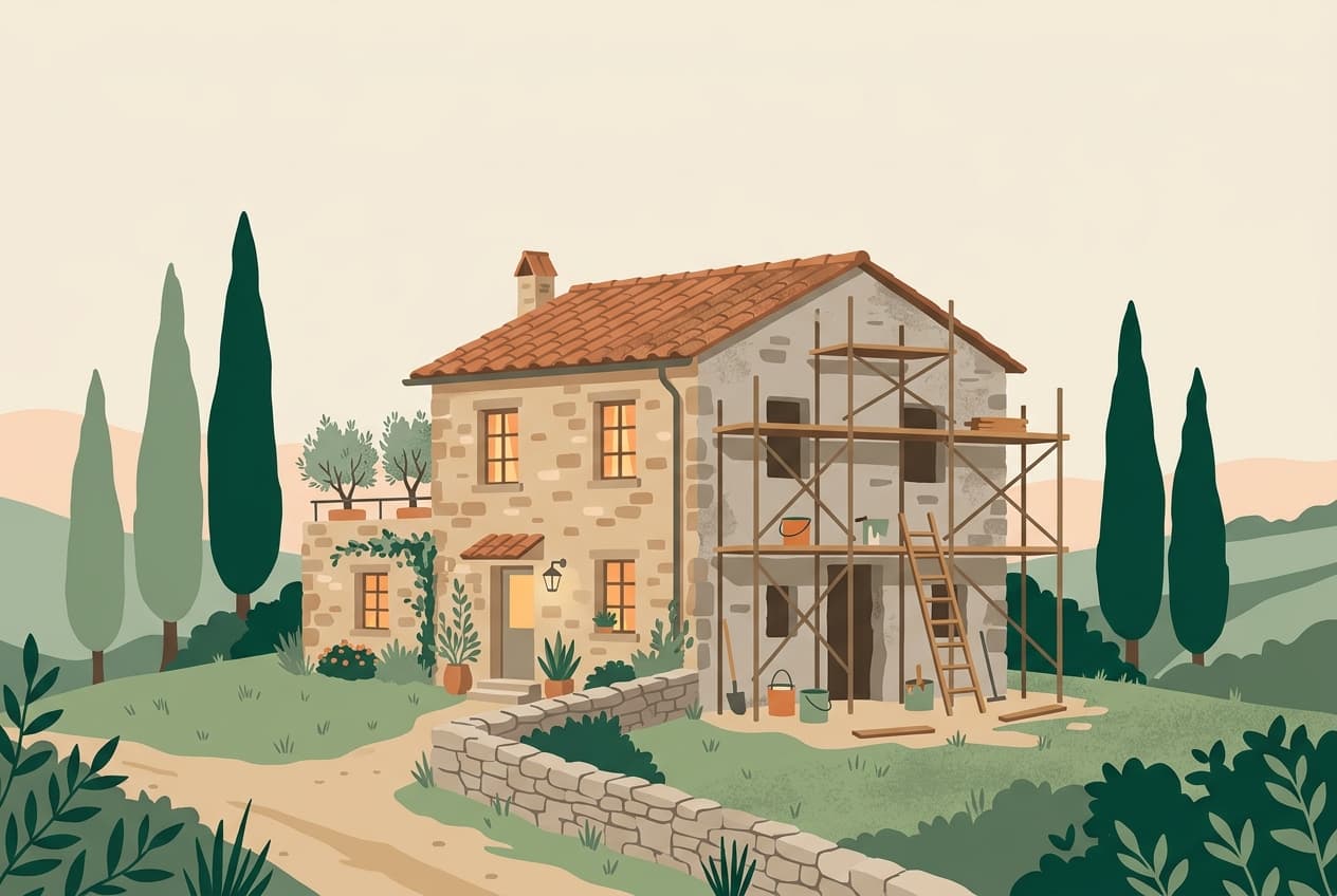 A half-renovated Italian farmhouse with scaffolding