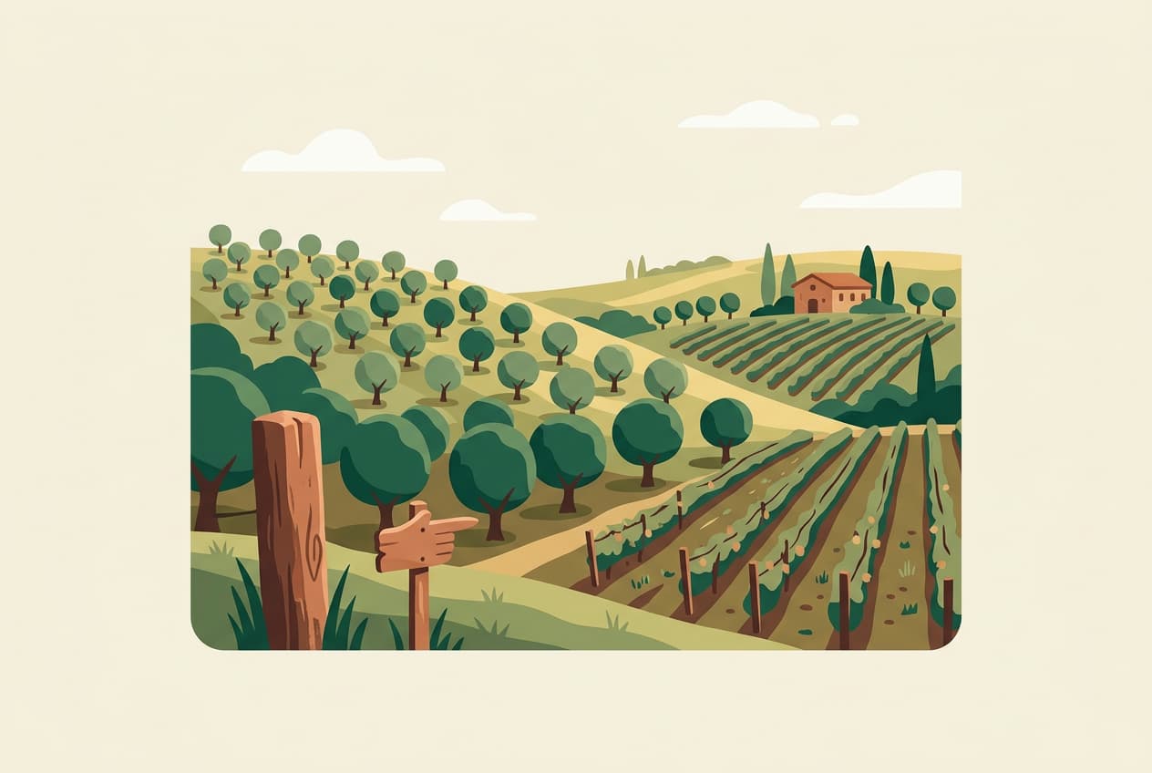 Olive groves and vineyards with a boundary post