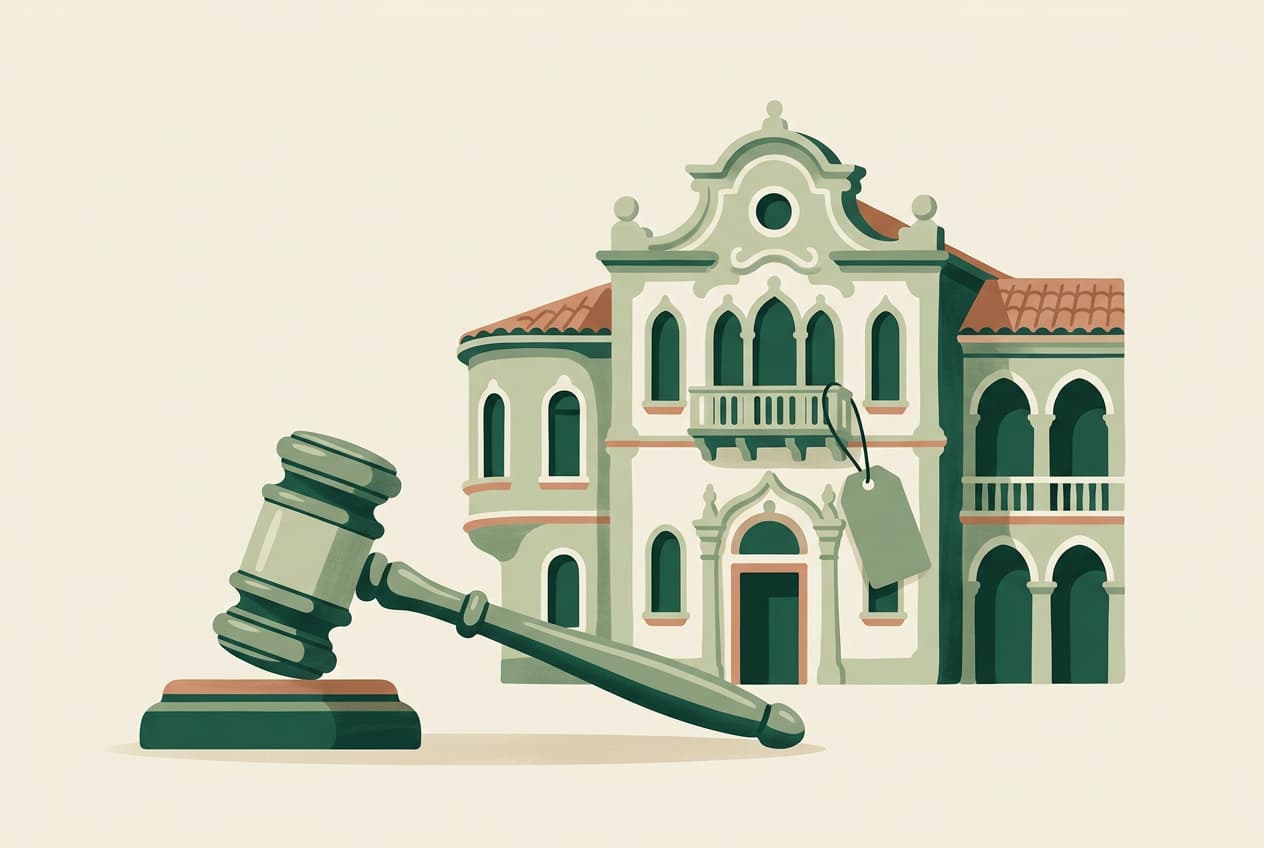 An auction gavel in front of an Italian palazzo