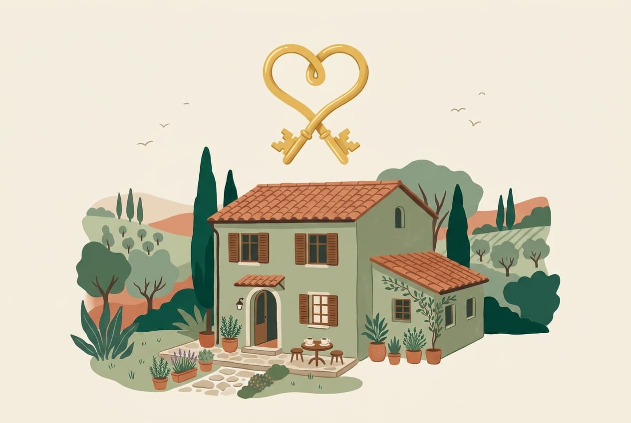 Two keys forming a heart above a house