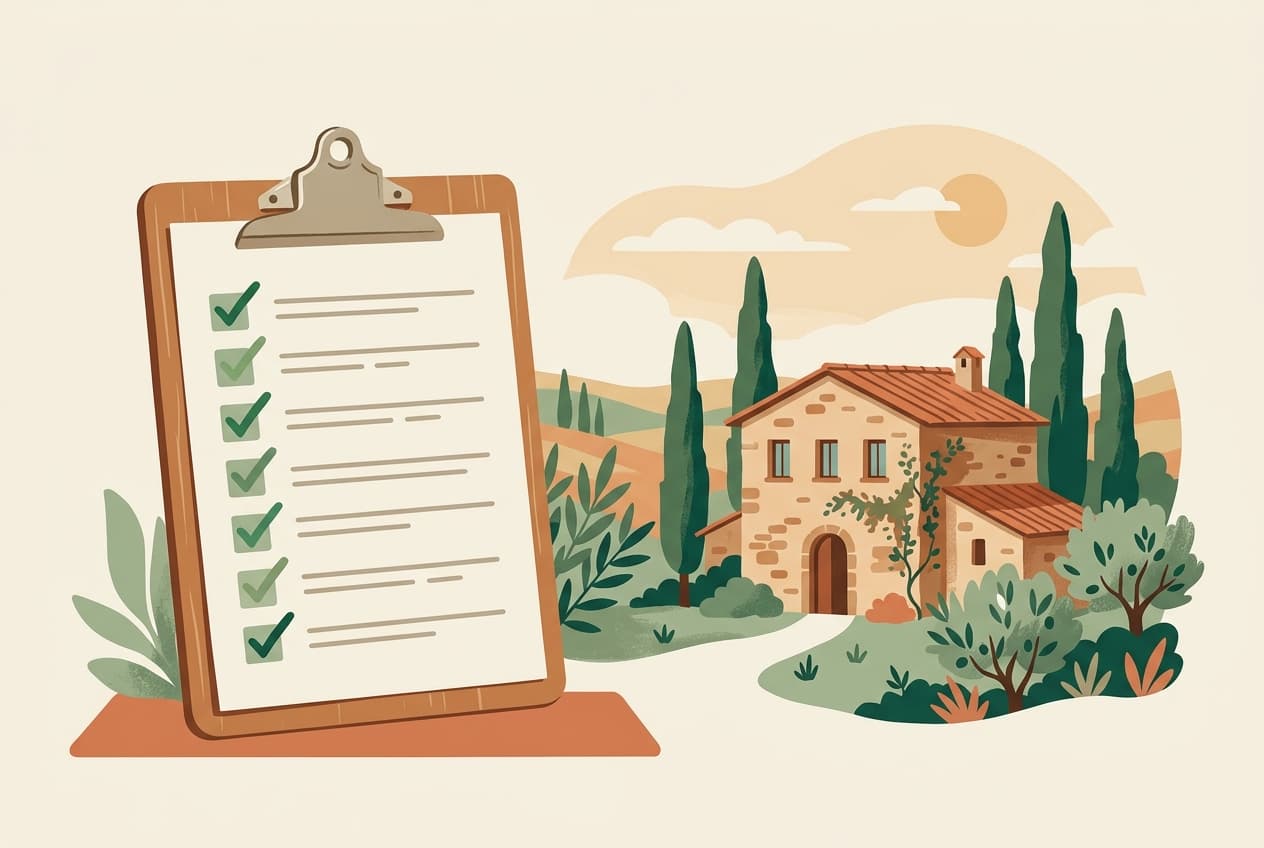 Checklist in front of an Italian farmhouse