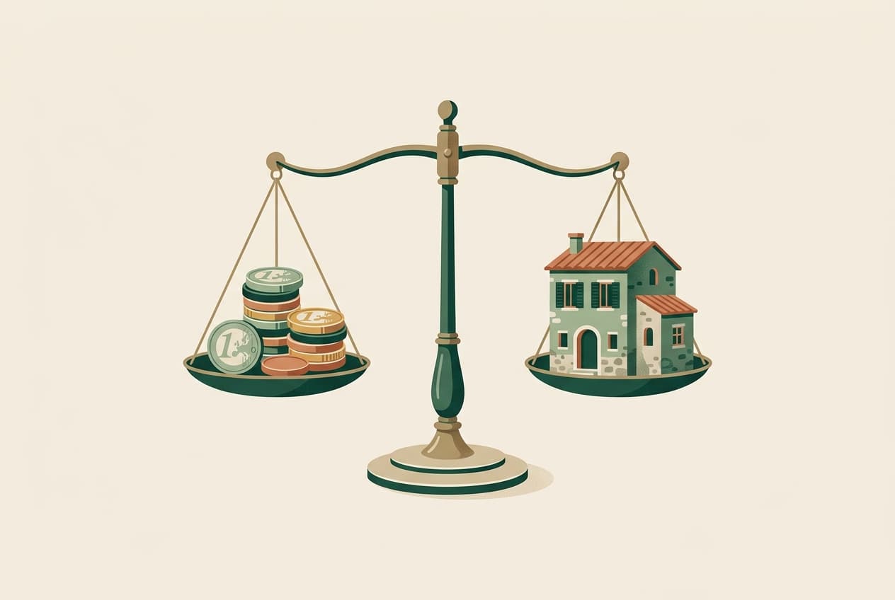Euro coins and a house on a balance scale