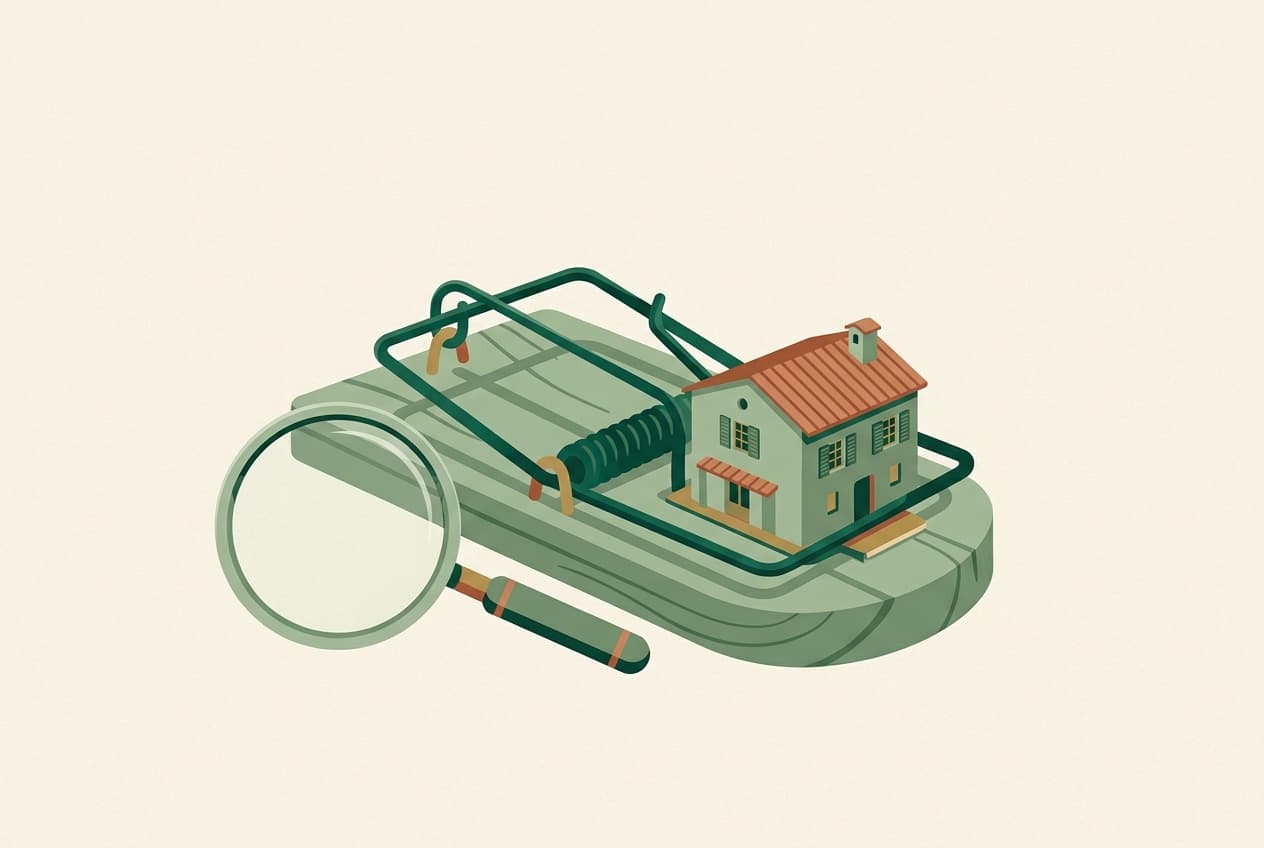A house sitting on a mousetrap with a magnifying glass