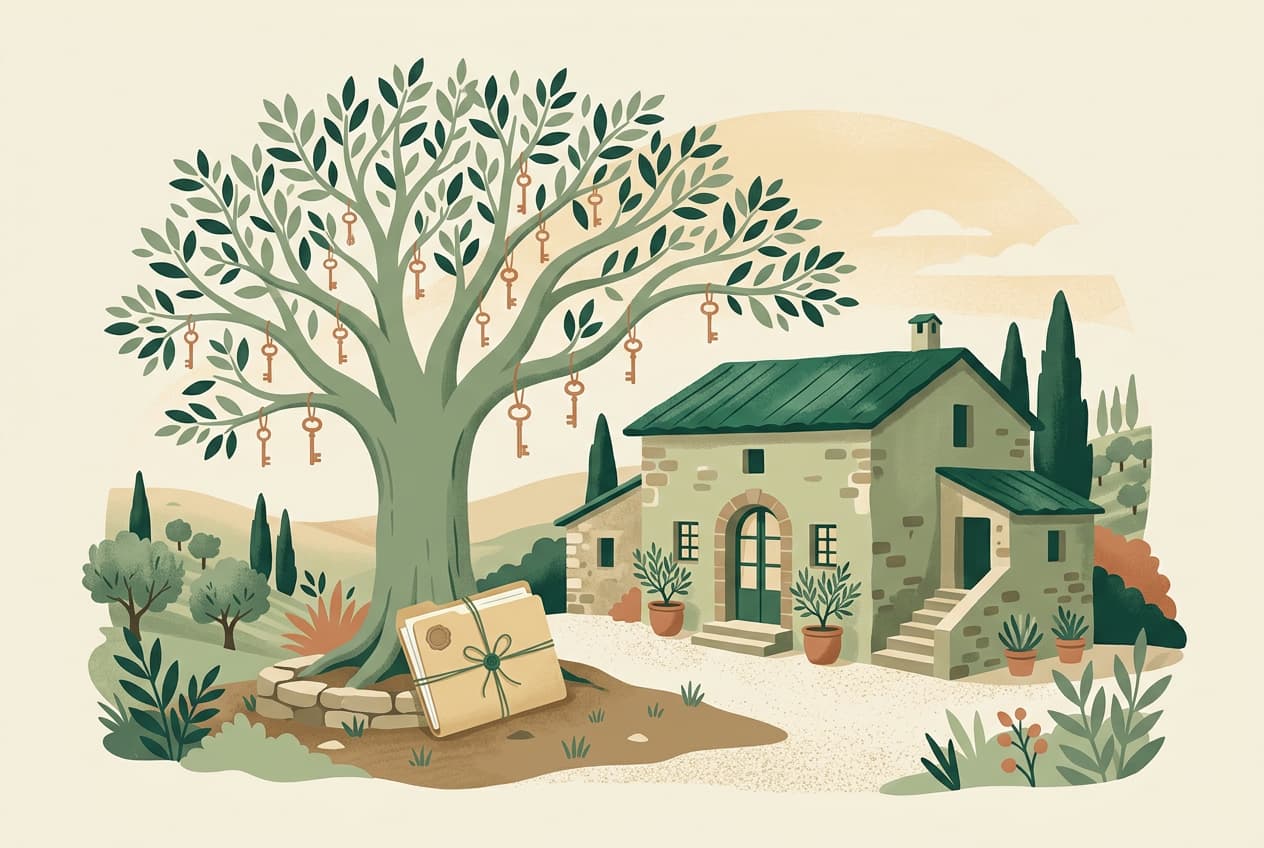 A family house with a family tree holding keys