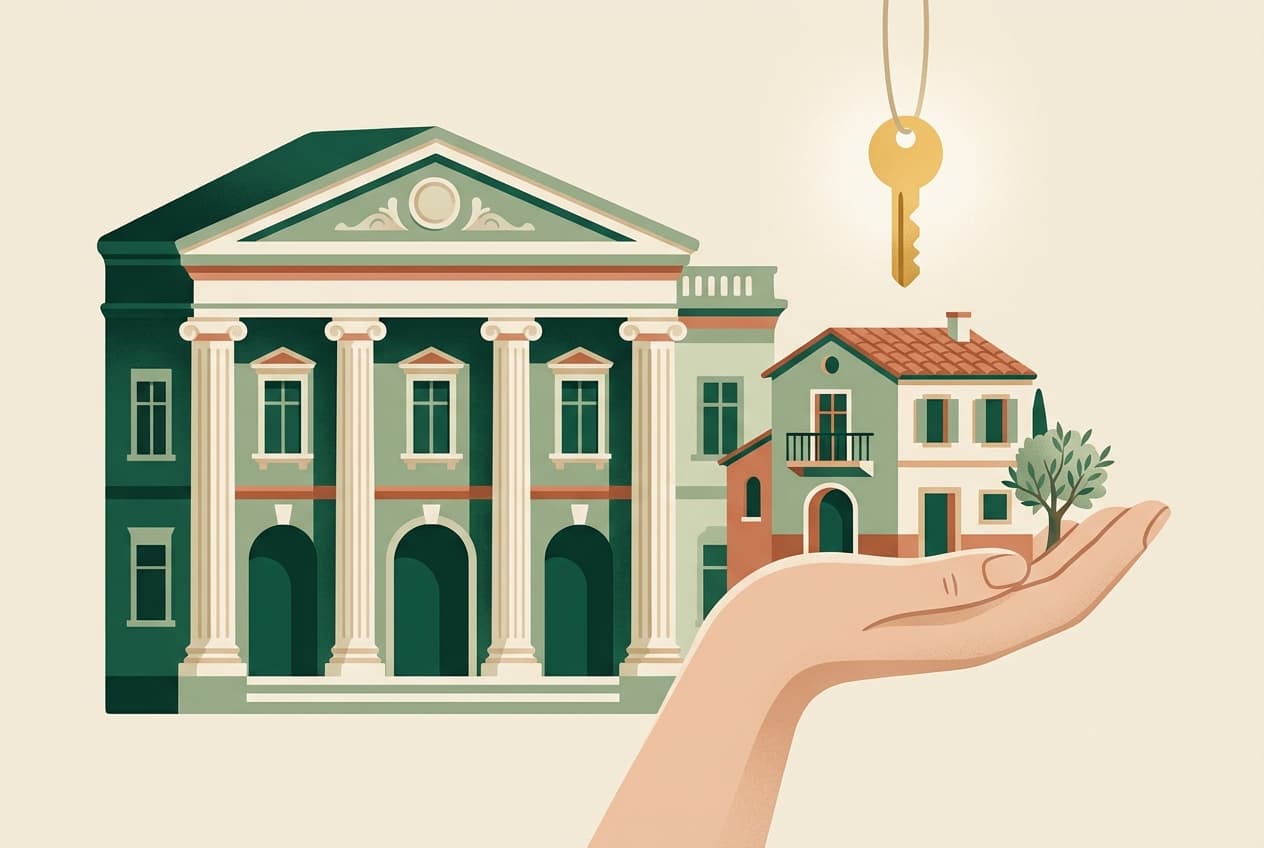 A bank building and a house held in an open hand