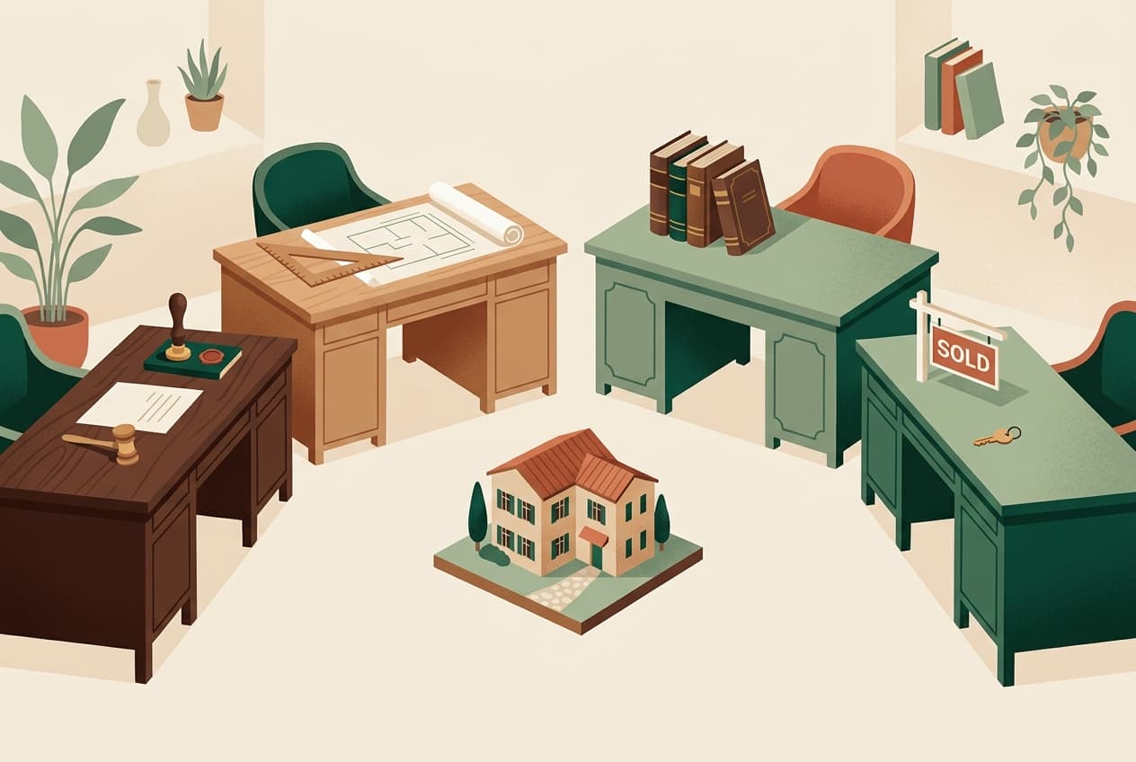 Four professional desks around a house model