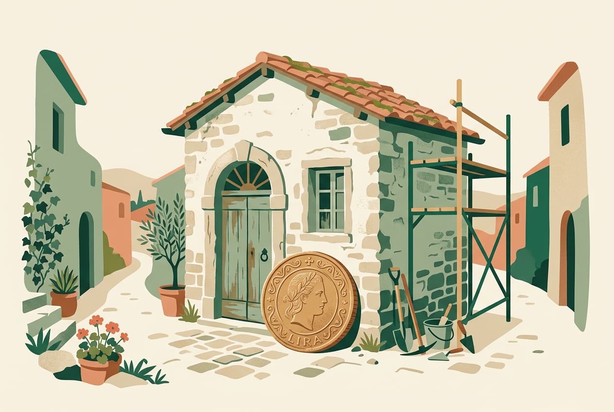 A derelict village house with a single coin at its door