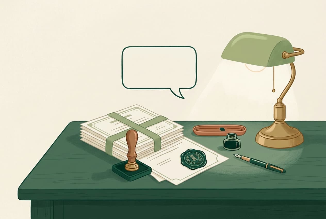 A notary's desk with seal and documents