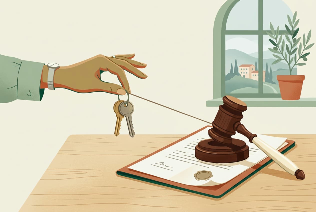 House keys pulled back beside a gavel on a contract